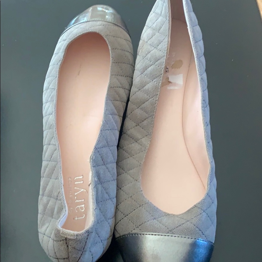 Taryn Rose Quilted Gray Ballet Flats with Metallic Cap Toe